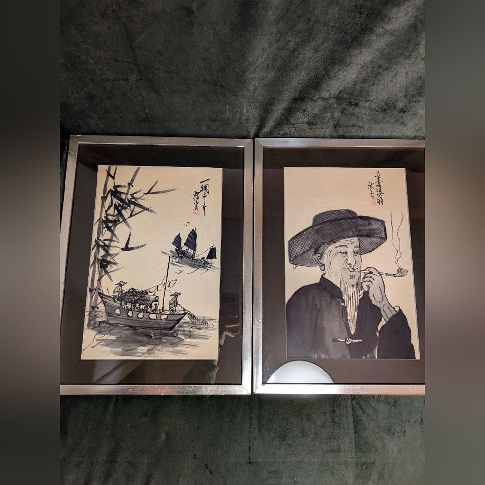 Vintage Chinese Ink On Silk Paintings, Signed Sampan Boats on River, Chinese Man